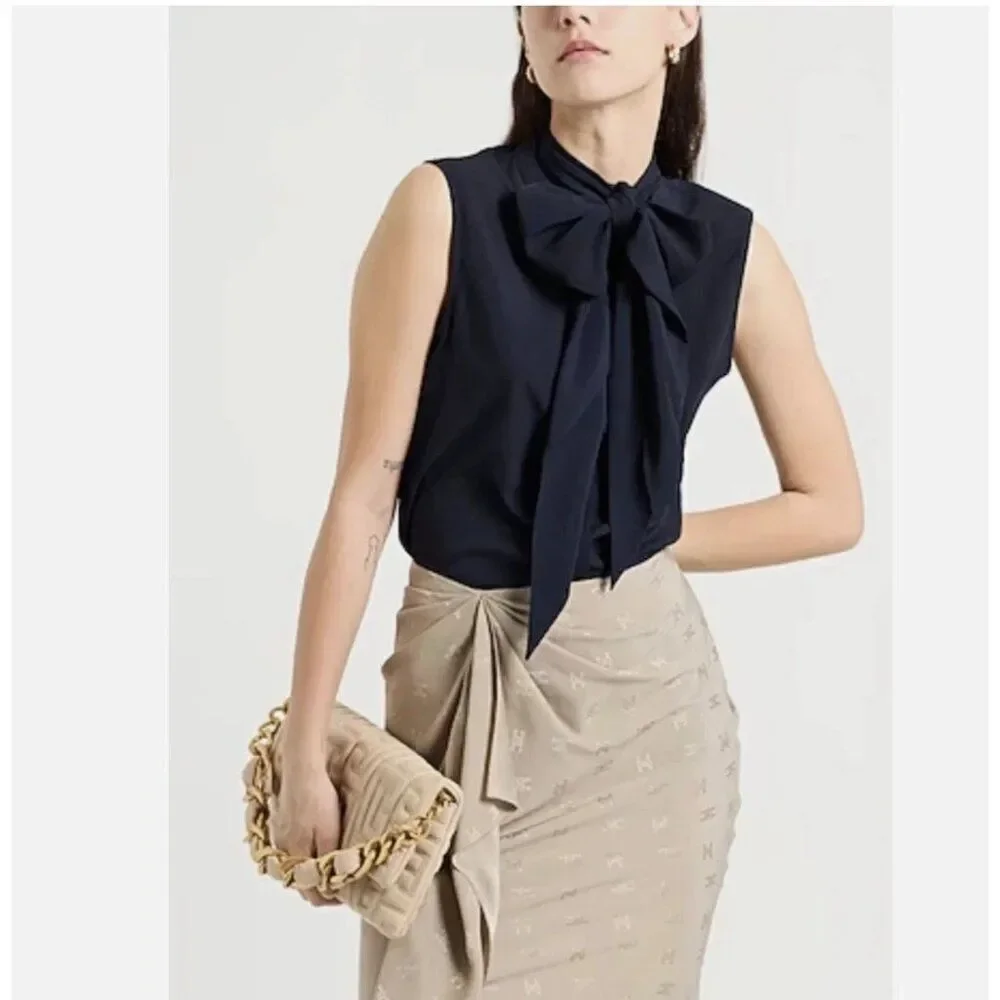 Tory Burch Womens Top Size 2 Navy Blue Sleeveless Bow Blouse High Neck NWT $250